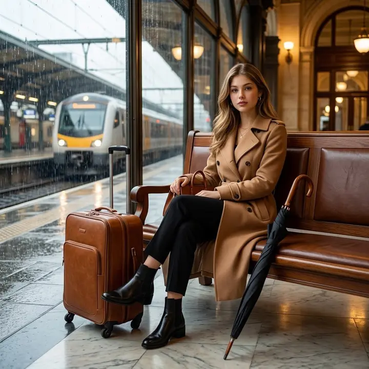Cinematic Woman Waiting for Train in Rain Nano Banana 2.1 example