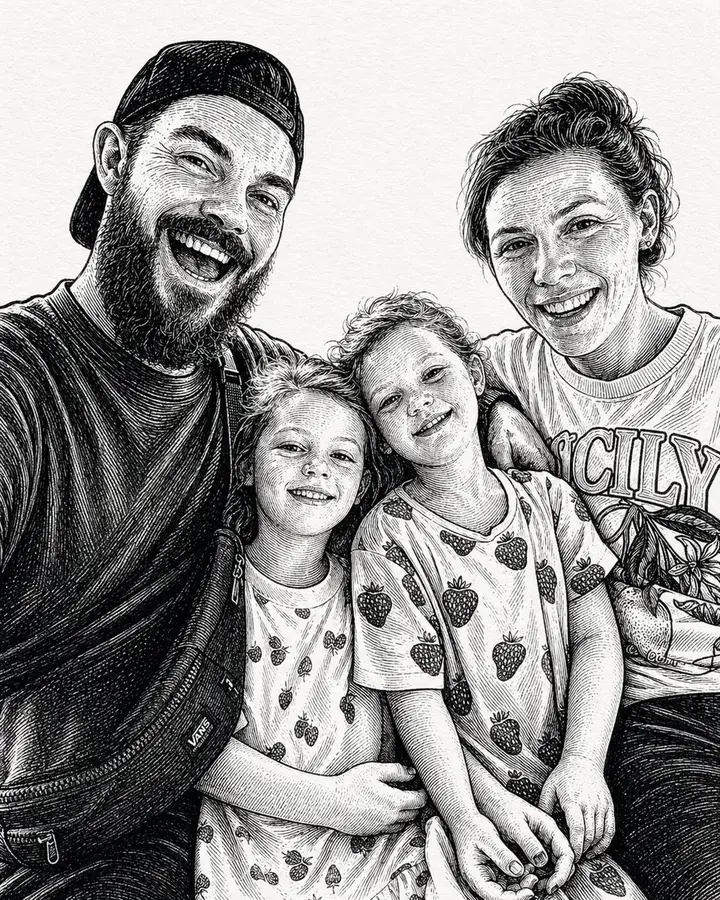 Ink-Etched Family Portrait Nano Banana 2.1 example