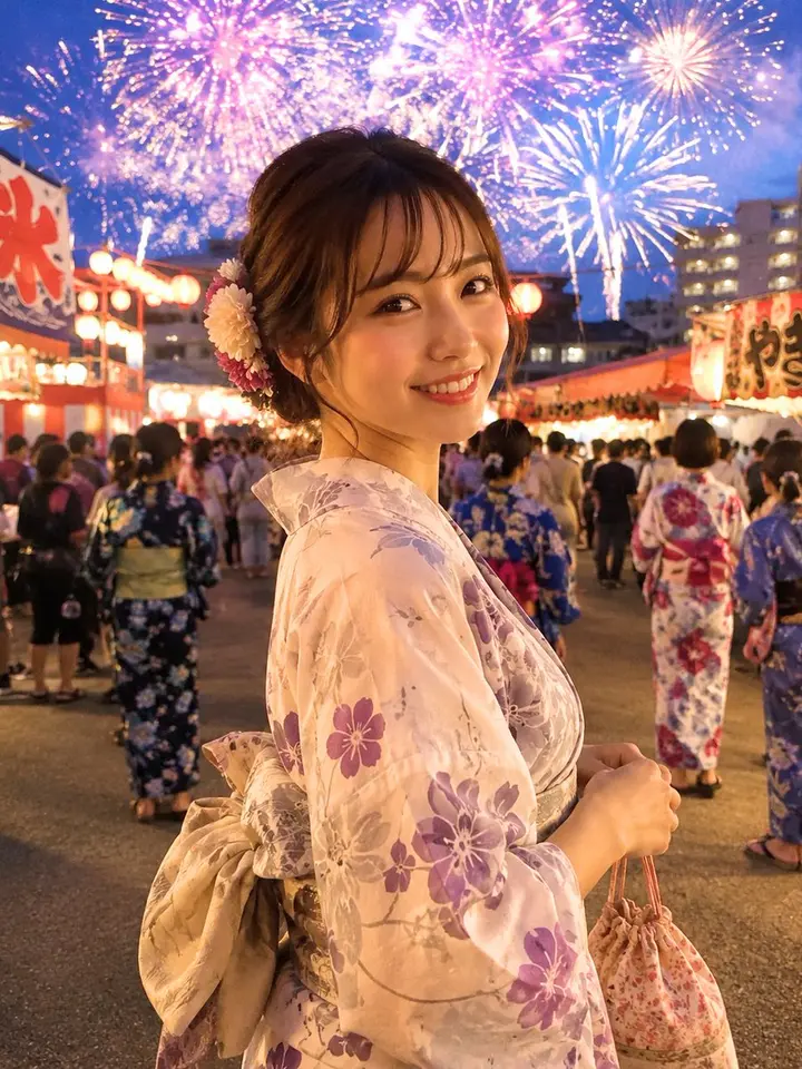 Japanese Fireworks Festival Yukata Portrait Nano Banana 2.1 example