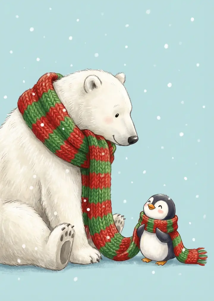 Polar Bear and Penguin Scarf Christmas Card Nano Banana 2.1 example