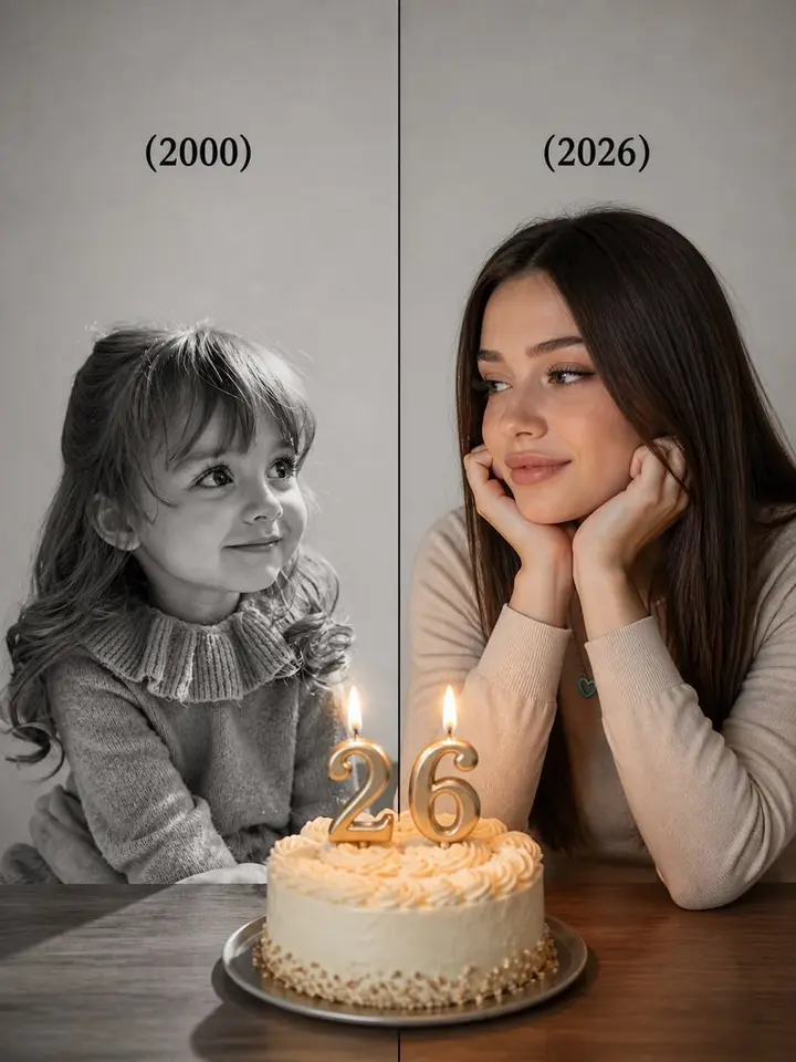 Split-Time Birthday Portrait Nano Banana 2.1 example